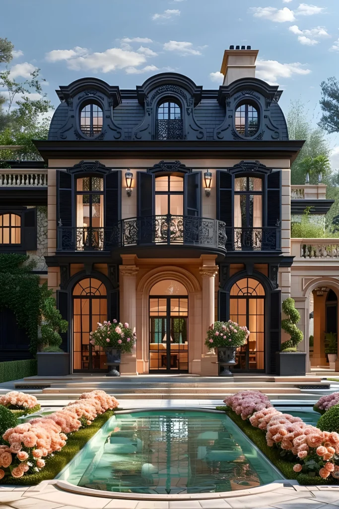 French villa with a mansard roof, wrought-iron balconies, arched windows, a garden pool, and blooming rose accents.