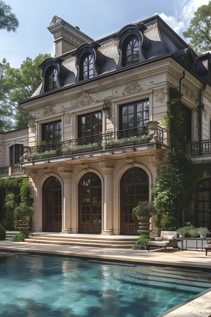 Elegant manor with a mansard roof, intricate facade carvings, arched French doors, a luxurious poolside terrace, and ivy-clad walls surrounded by lush greenery.