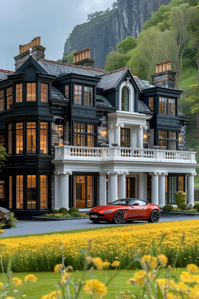 Manor with black-paneled facade, white columns, vibrant yellow flower fields, and a dramatic hillside backdrop.