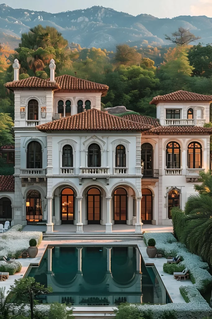 Mediterranean villa with terracotta roof tiles, arched windows, elegant columns, a serene pool, and a lush mountain backdrop.