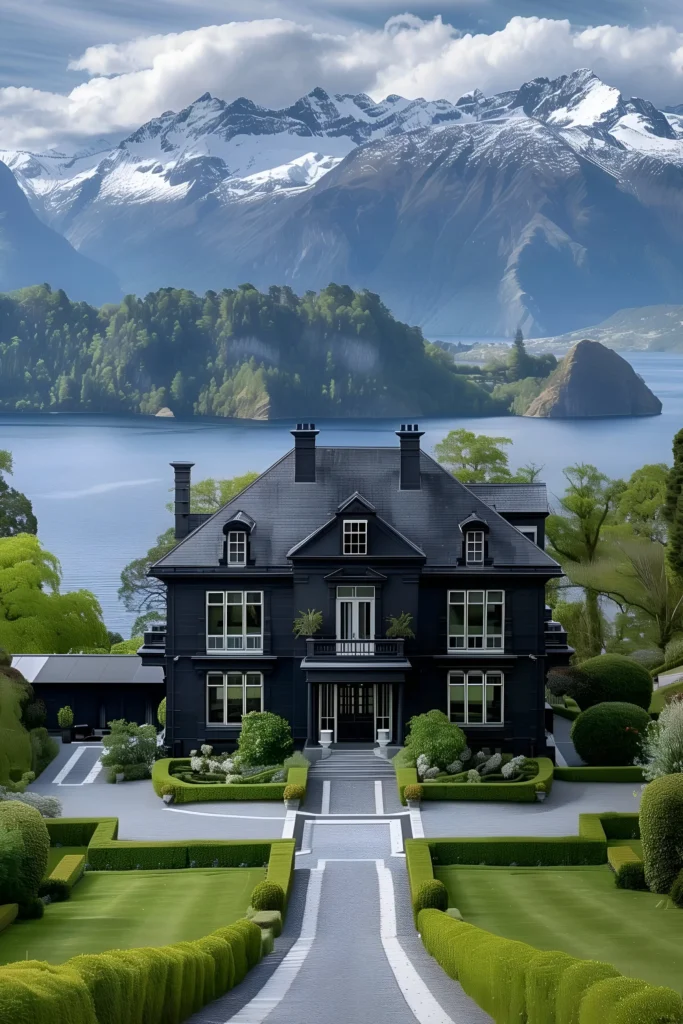 Black-painted manor with symmetrical landscaping, tree-lined driveway, snow-capped mountains, and a tranquil lakeside backdrop.