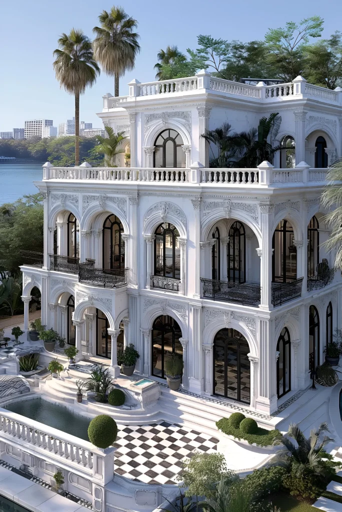 Tropical villa with ornate arched windows, intricate moldings, expansive terraces, black-and-white tiled patio, cascading pool, and palm trees. Mansion House Design
