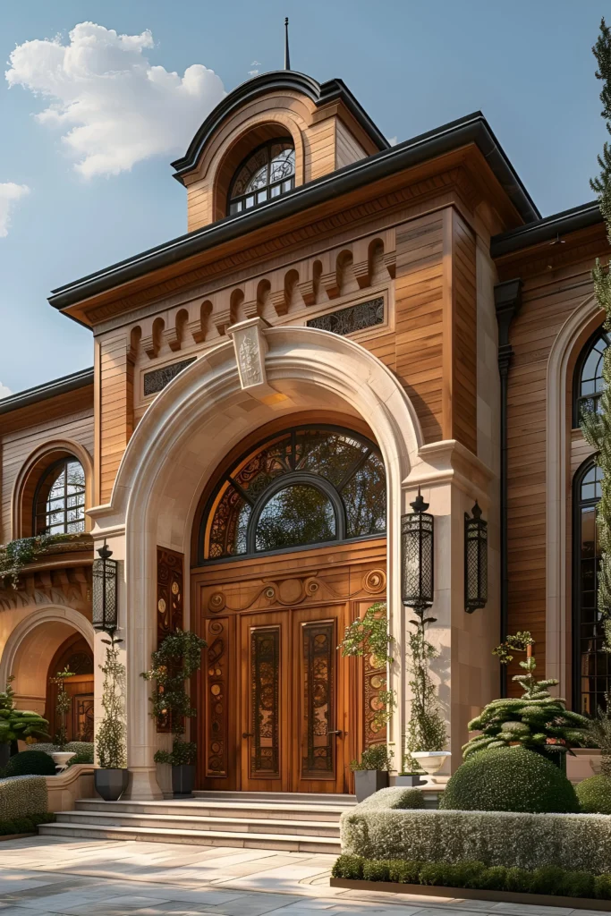 Mansion entrance with an arched wooden doorway, intricate glass inlays, decorative lanterns, natural wood paneling, and lush greenery.