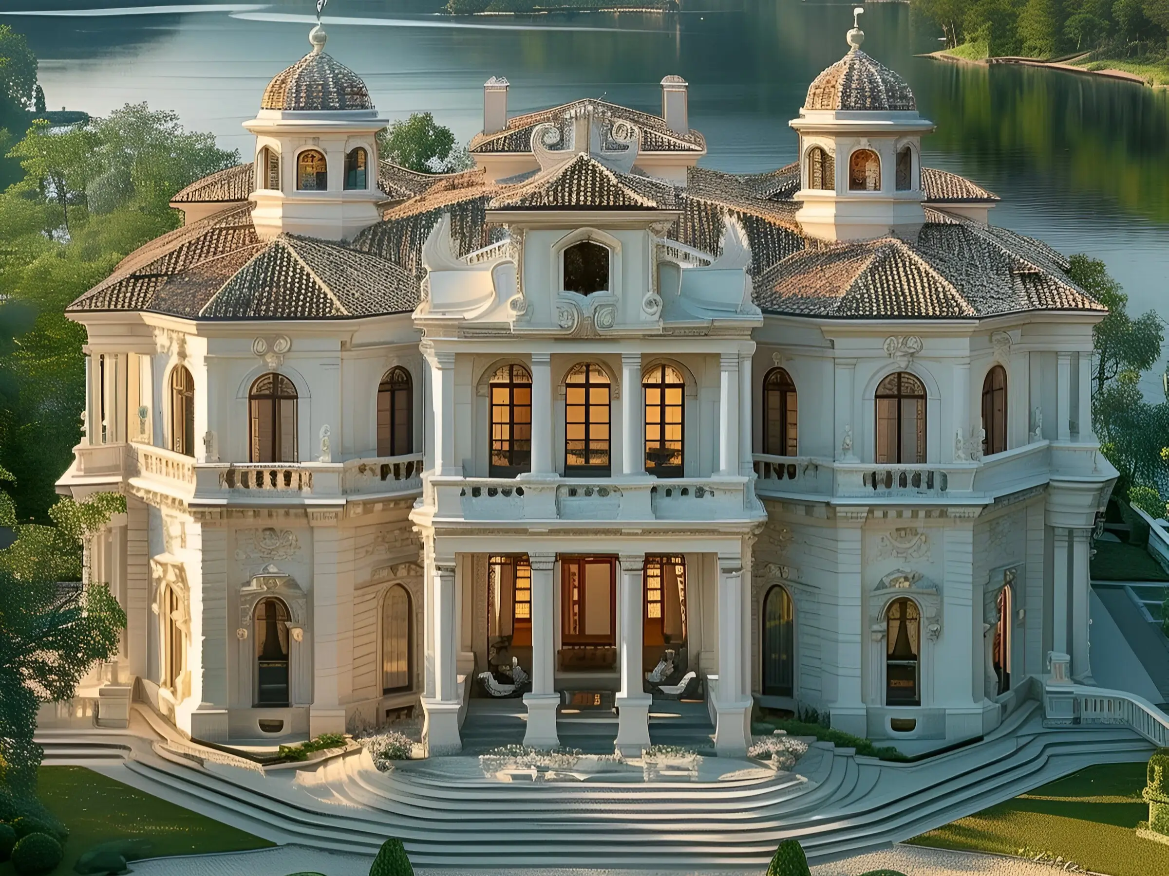 Luxury mansion with domed roofs, classical columns, elegant balustrades, a grand staircase, and a serene lakeside setting in the background.