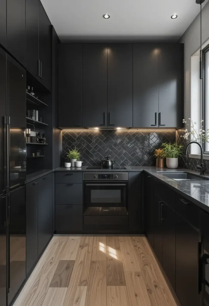 Minimalist black kitchen with matte cabinets, herringbone backsplash, under-cabinet lighting, and light wood flooring.