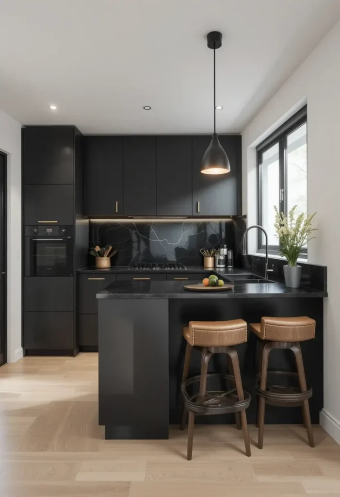 Minimalist black kitchen with gold handles, marble backsplash, black island, and leather bar stools.