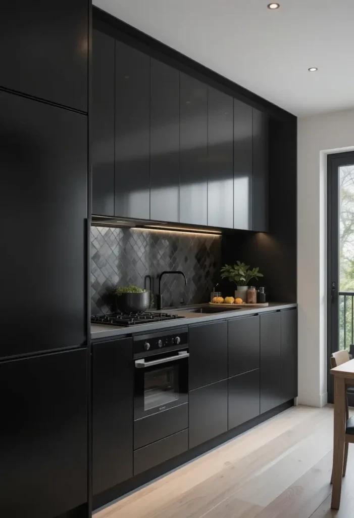 Modern minimalist black kitchen with glossy cabinets, textured backsplash, and under-cabinet lighting.