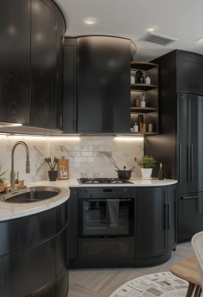 Modern black kitchen with curved cabinets, marble backsplash, and under-cabinet lighting.