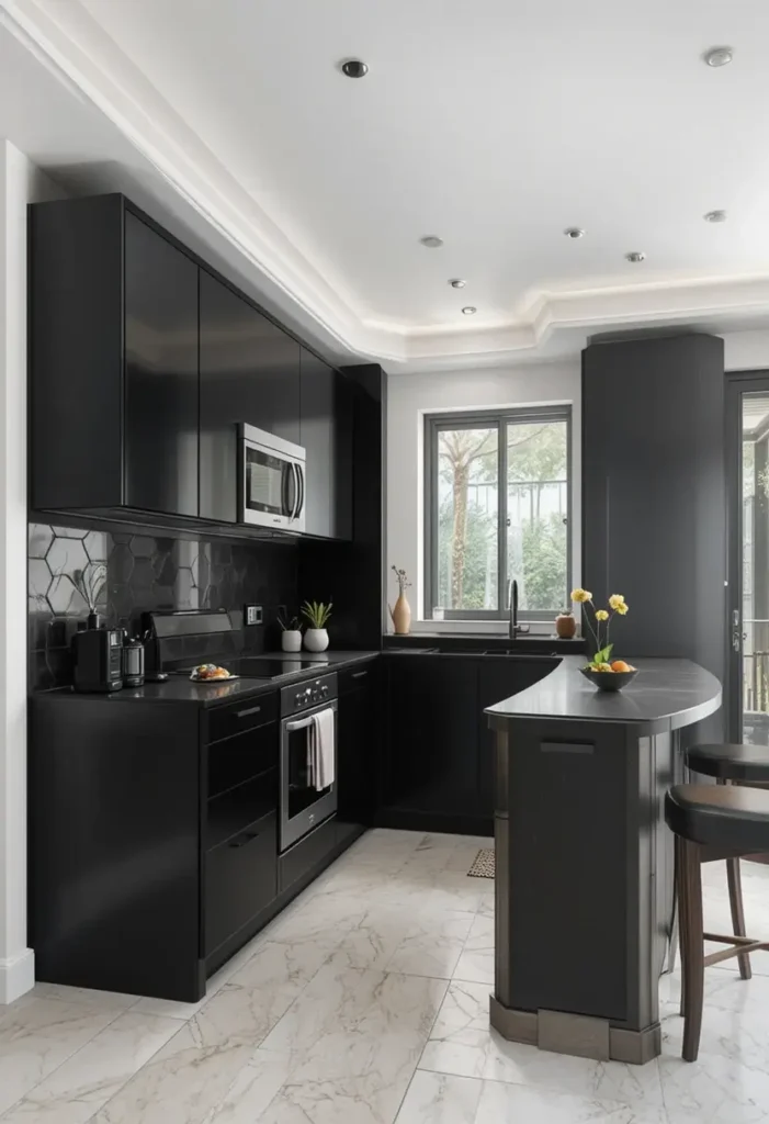 Contemporary minimalist black kitchen with a hexagonal backsplash, marble flooring, and curved island.