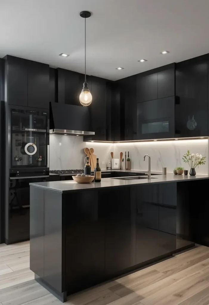 Modern black kitchen with glossy cabinets, marble backsplash, under-cabinet lighting, and wood flooring.