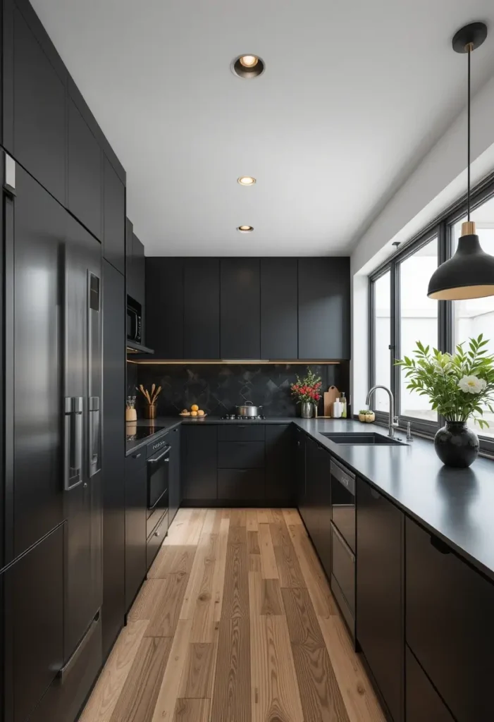 Minimalist black kitchen with large windows, matte black cabinetry, wood flooring, and gold accents.