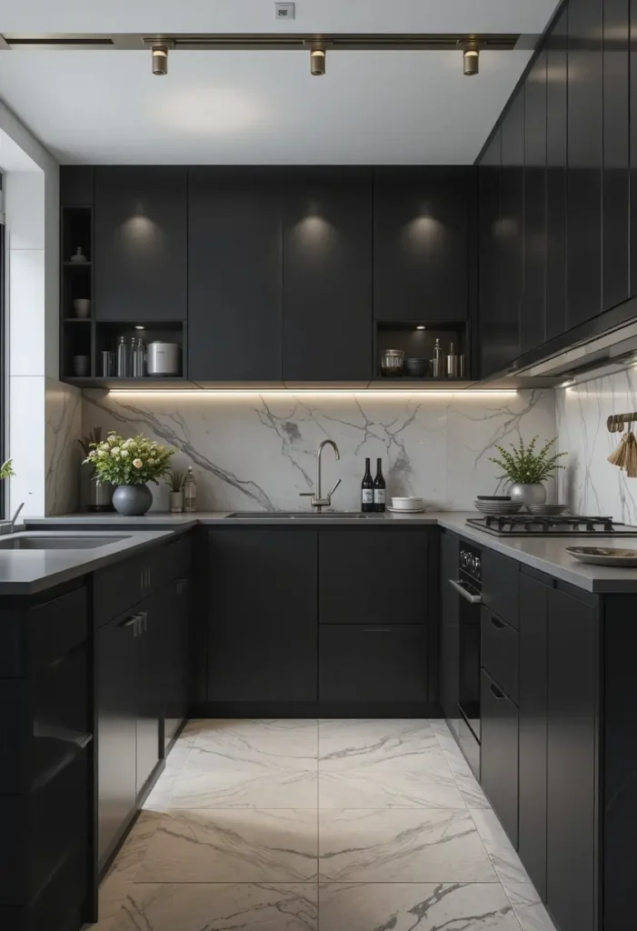 Minimalist black kitchen with white marble backsplash, brass fixtures, and under-cabinet lighting.