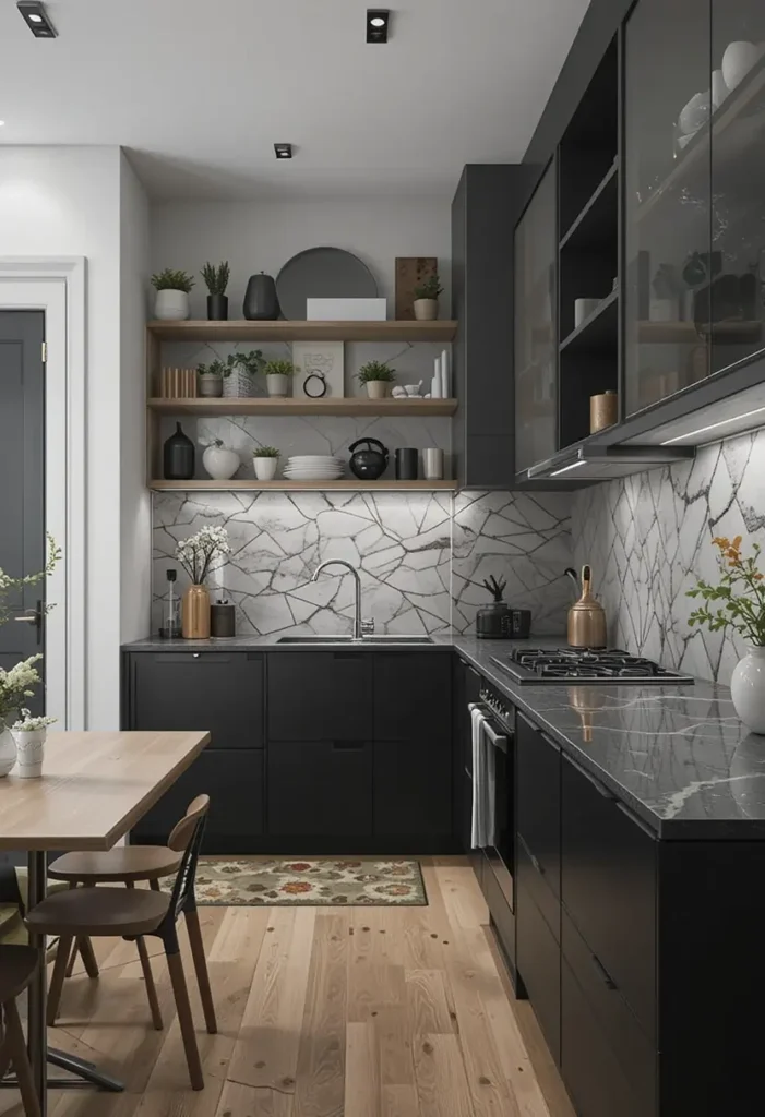 Black kitchen with cracked marble backsplash, open wooden shelves, and glass-front cabinets.