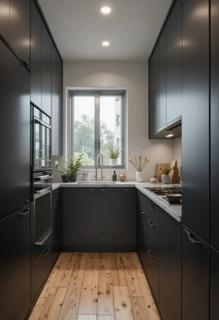 Small black kitchen with large window, brass fixtures, and light wood flooring.