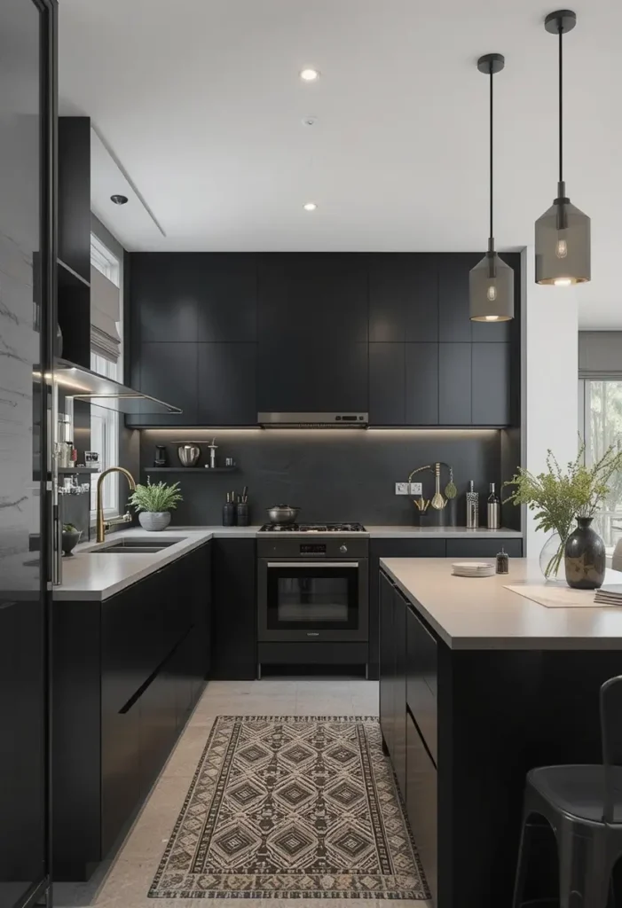 Black kitchen with white countertops, pendant lighting, textured backsplash, and patterned rug.