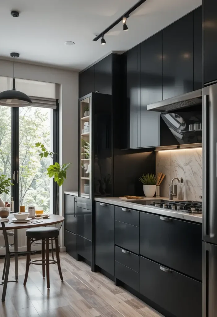 Black kitchen with glass-front cabinet, marble backsplash, breakfast nook, and large windows.