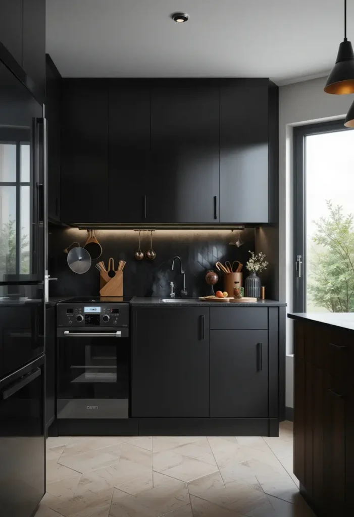 Small black kitchen with matte cabinetry, textured backsplash, and under-cabinet lighting.