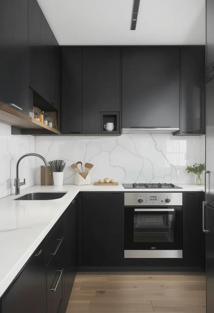 Black kitchen with white quartz countertops, marble backsplash, and light wood flooring.