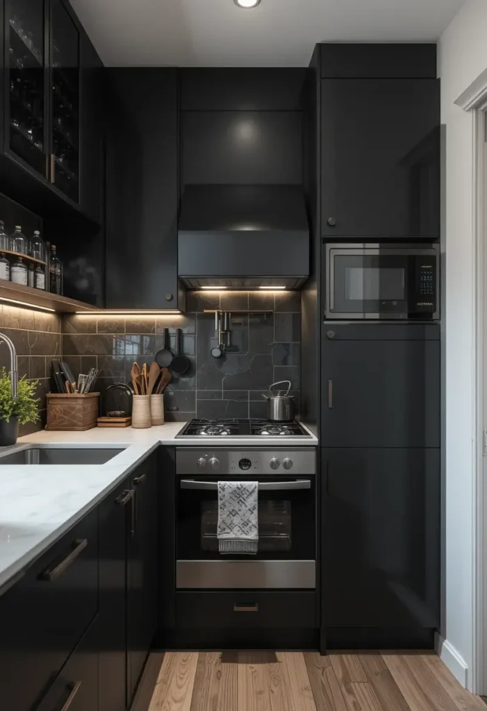 Small black kitchen with built-in storage, textured backsplash, and under-cabinet lighting.