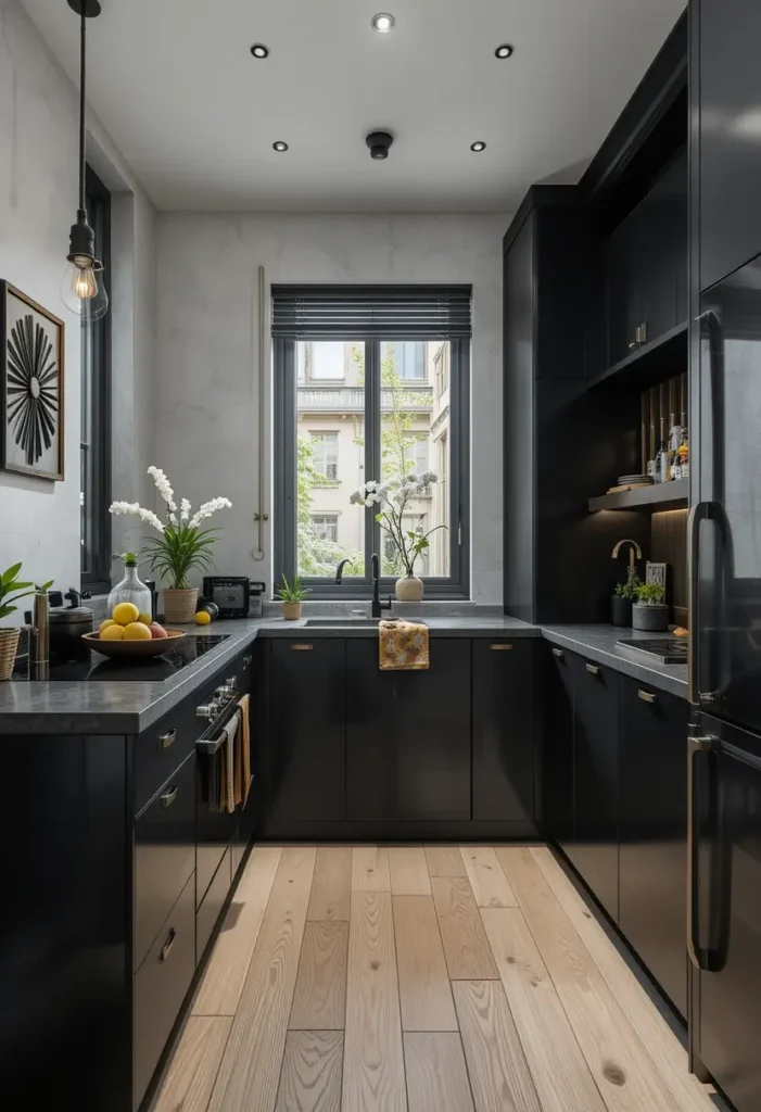 Black kitchen with gold hardware, large windows, open shelving, and natural light.