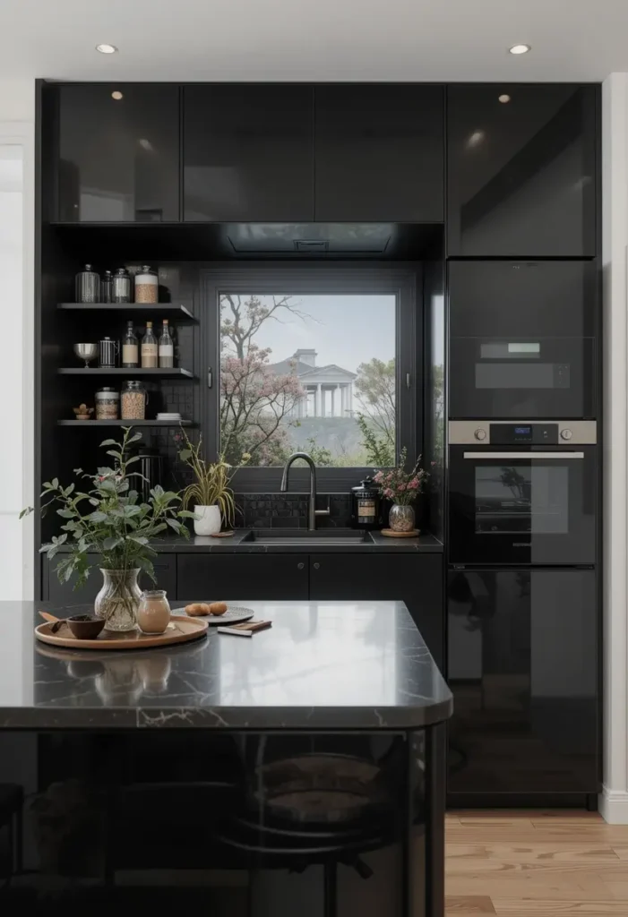 Black kitchen with a window backsplash, glossy cabinets, open shelving, and a black marble island.