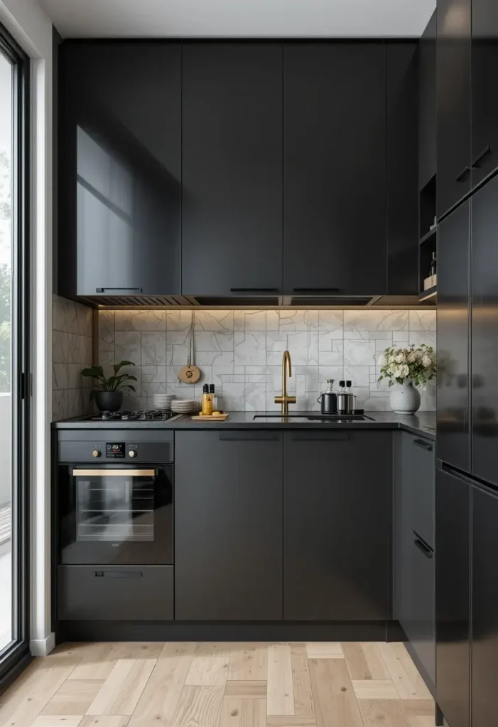 Matte black kitchen with gold accents, marble backsplash, and under-cabinet lighting.