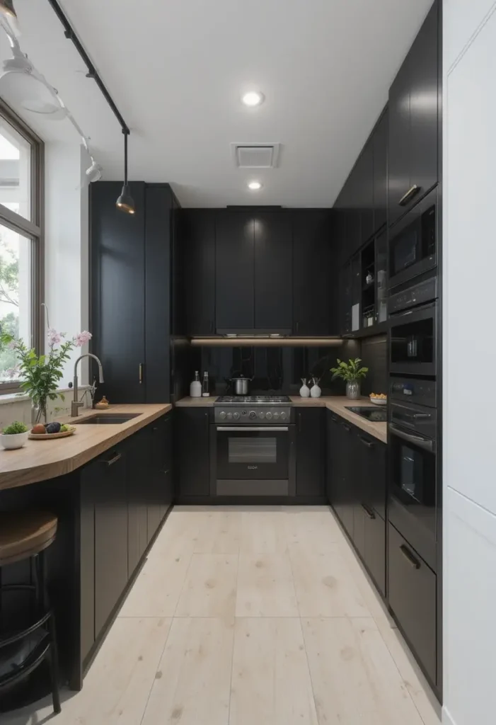 Modern black kitchen with wood countertops, built-in appliances, and under-cabinet lighting.