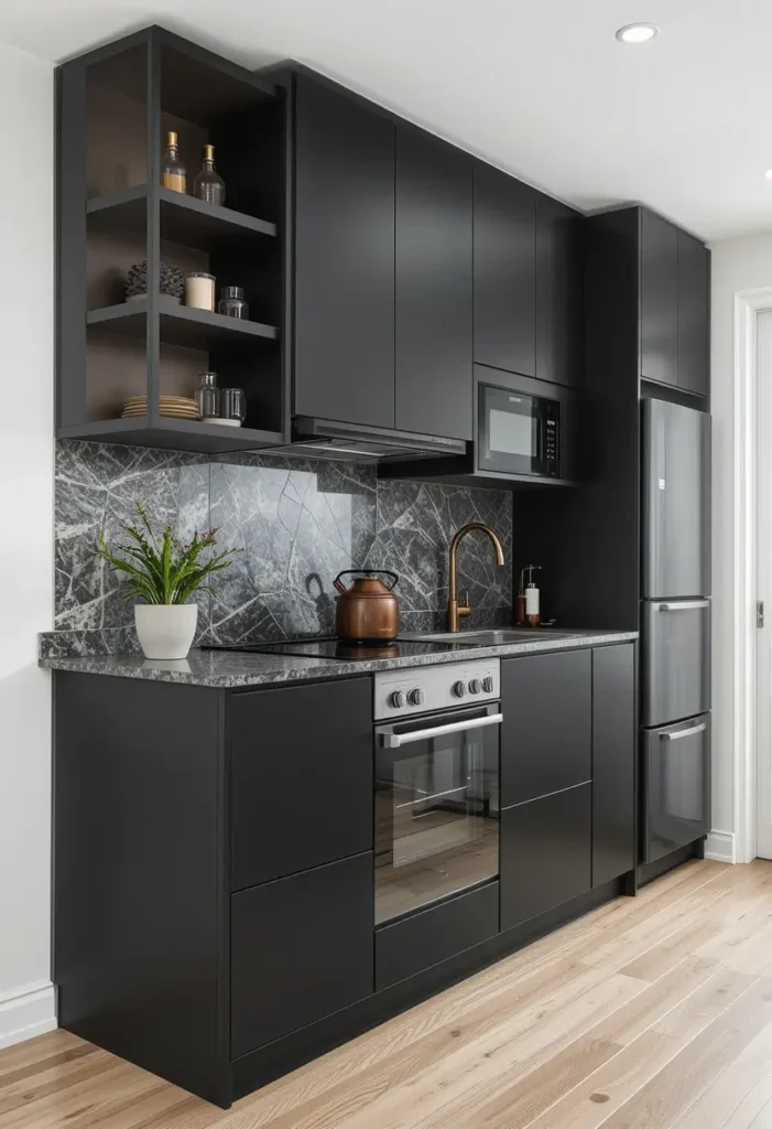 Black kitchen with a marble backsplash, brass fixtures, and open shelving.