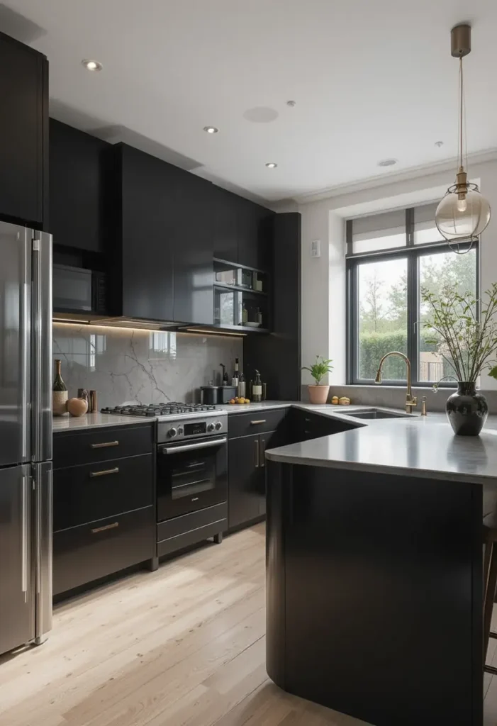 Black kitchen with a curved island, brass accents, and a marble backsplash.