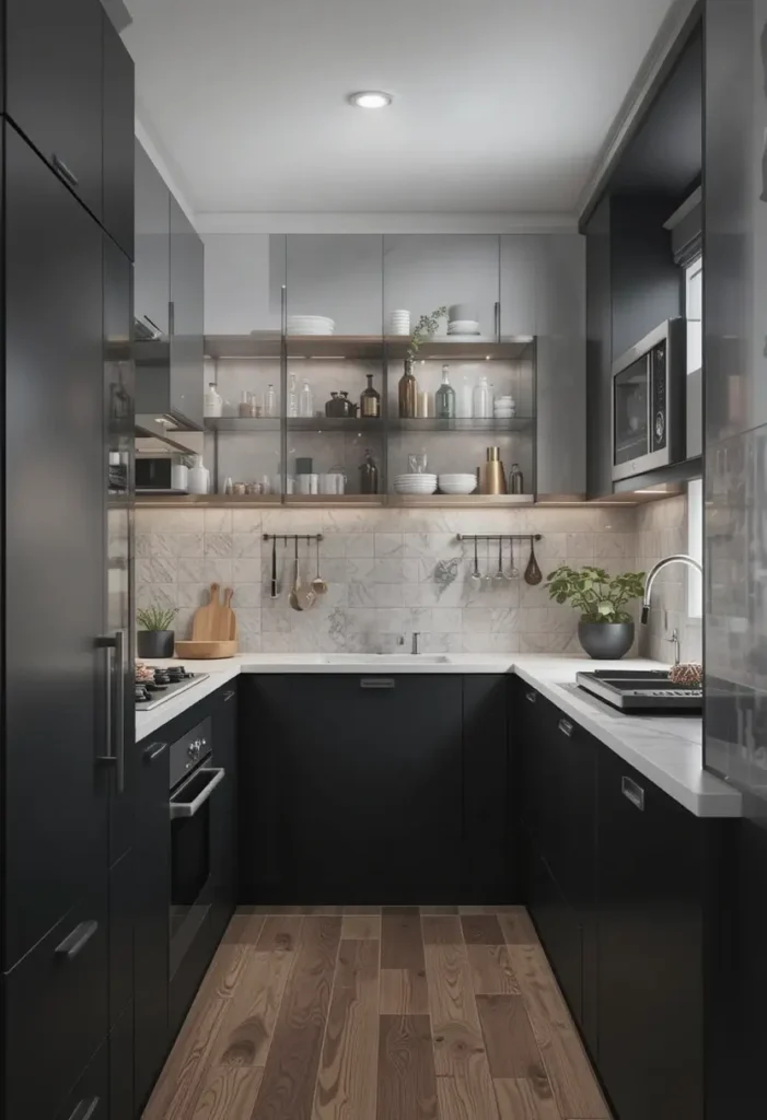 Black kitchen with glass-front cabinets, marble backsplash, and modern lighting.