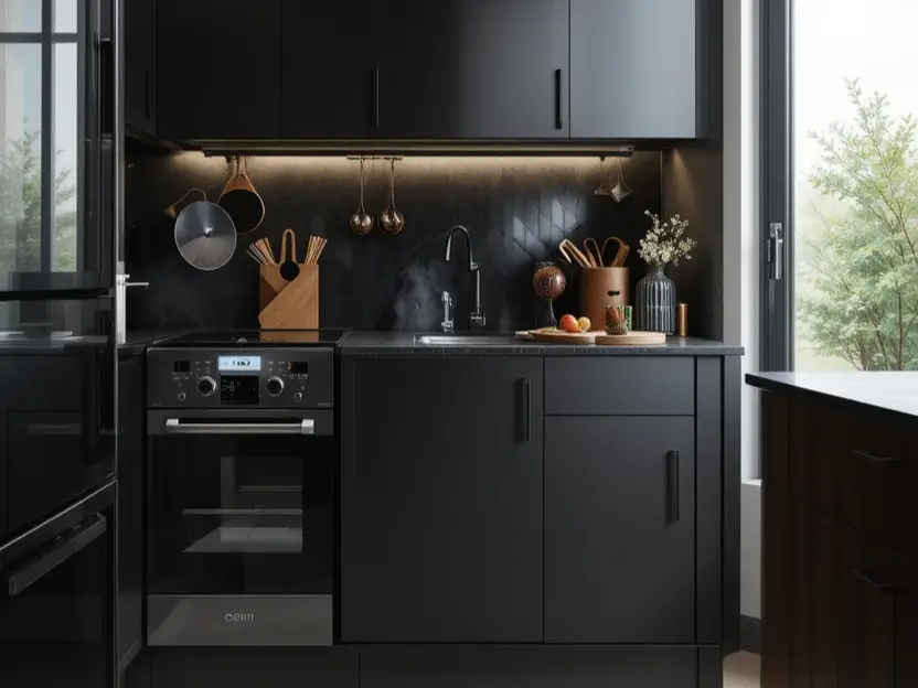 Small black kitchen with matte cabinetry, textured backsplash, and under-cabinet lighting. II