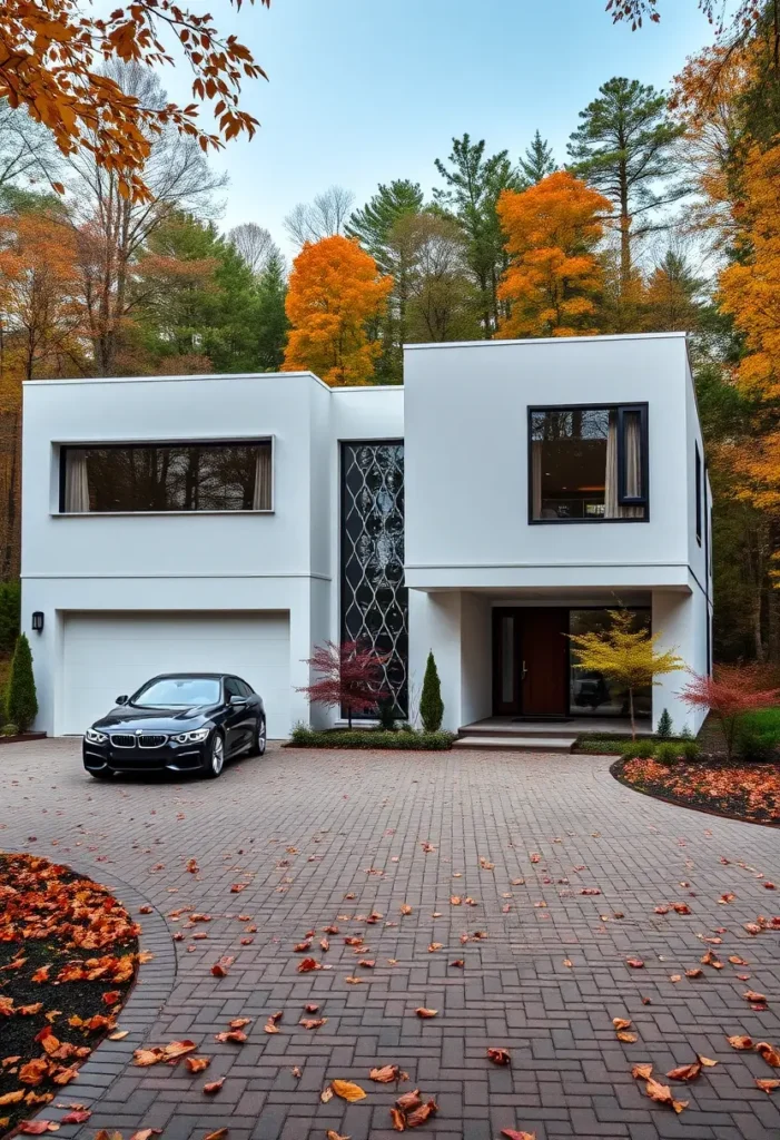 Minimalist white house with black accents, surrounded by autumn foliage and a clean brick driveway.