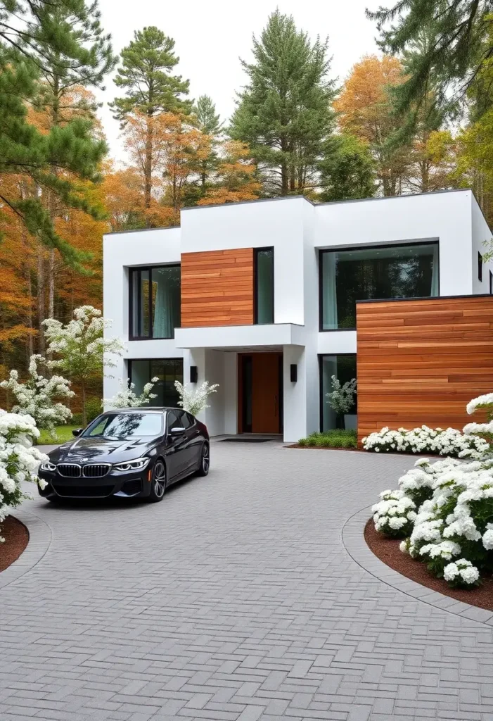 Minimalist white house with wooden accents, surrounded by greenery and white flowers on a paved driveway.