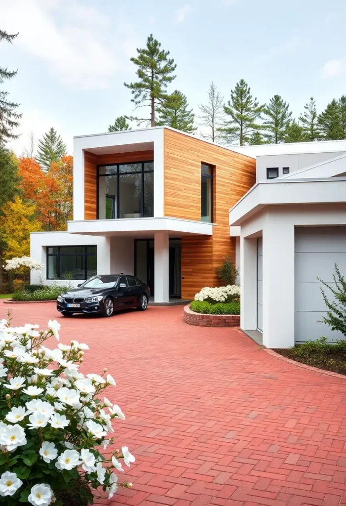 Minimalist house with wood accents, red brick driveway, and lush greenery, blending modern design with warm textures.