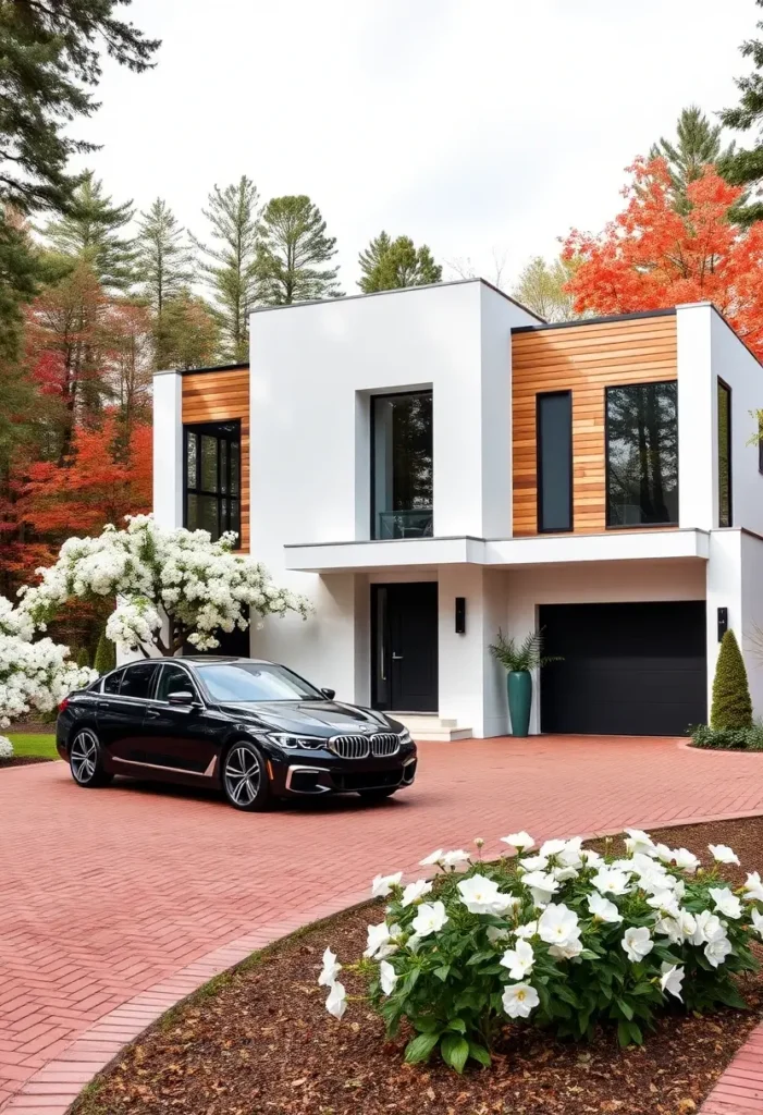 Minimalist house with wood accents, red brick driveway, and vibrant white flowers.