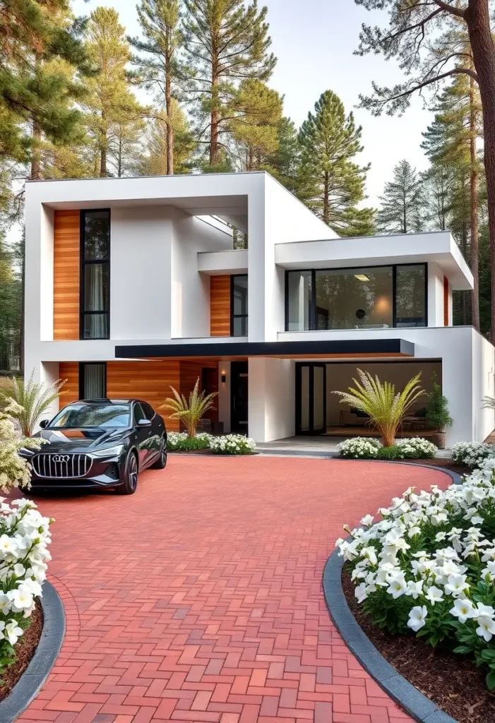 Minimalist white house with wood accents, red brick driveway, and large windows surrounded by greenery.