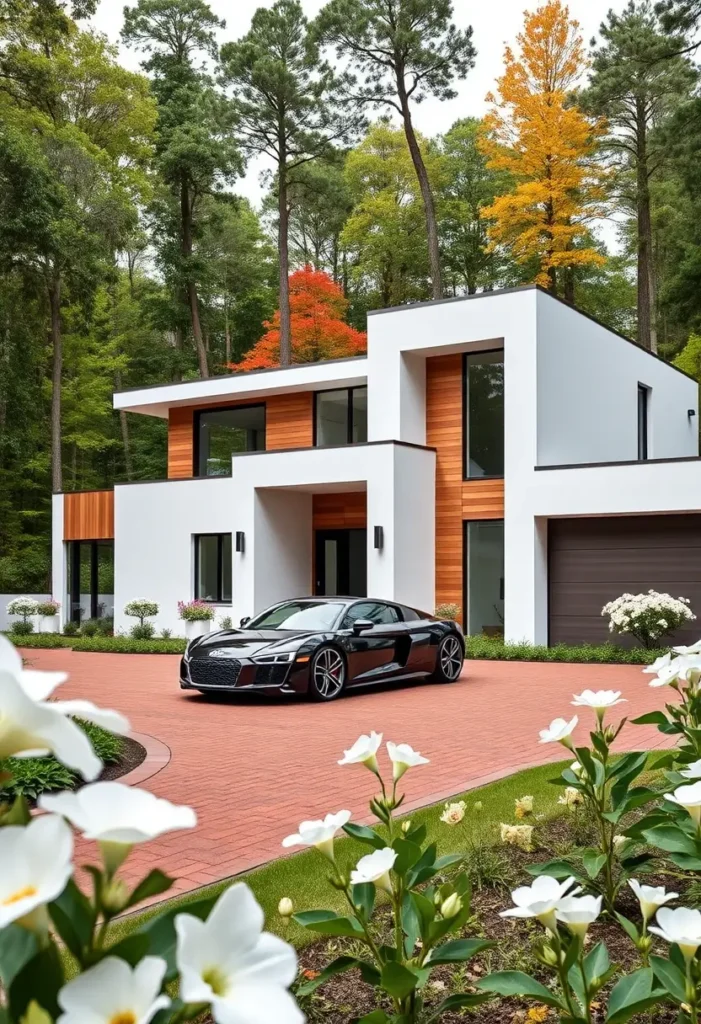 Minimalist modern house with wood accents, red brick driveway, and surrounded by autumn trees and white flowers.