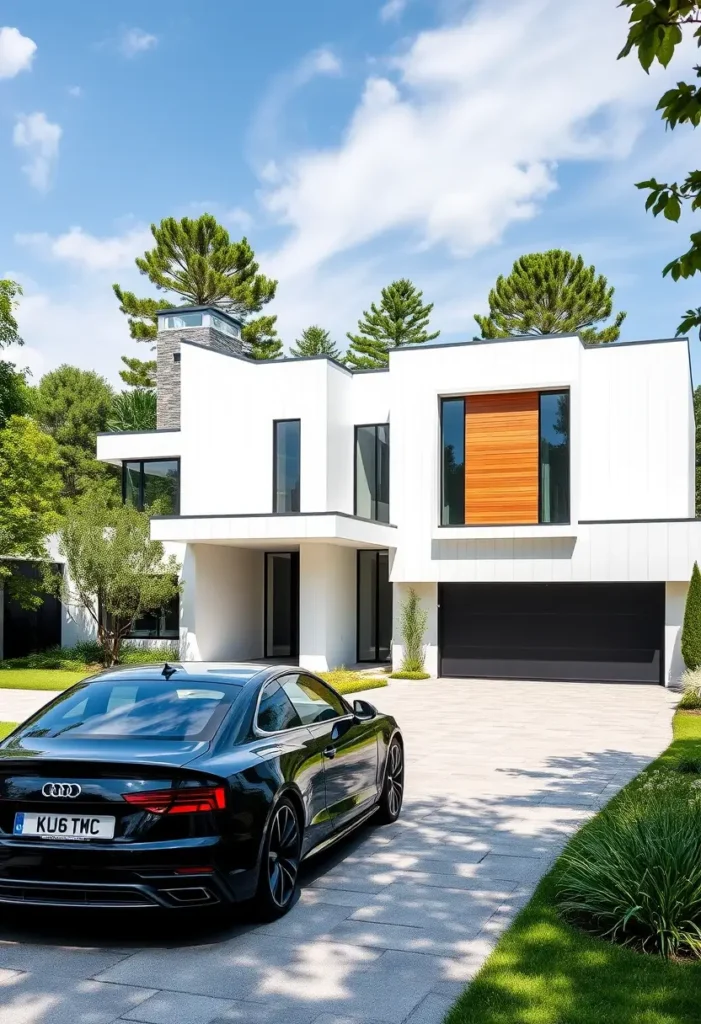 Minimalist white house with wood accents, black garage door, and natural landscaping under a bright blue sky.