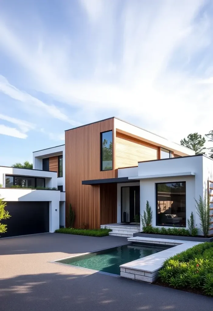 Minimalist modern house with vertical wood accents, a sleek pool, and white walls under a bright sky.