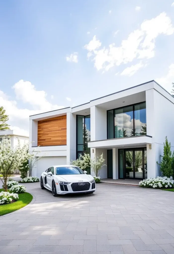 Minimalist white house with wood paneling, large windows, and a bright paved driveway surrounded by white flowers.