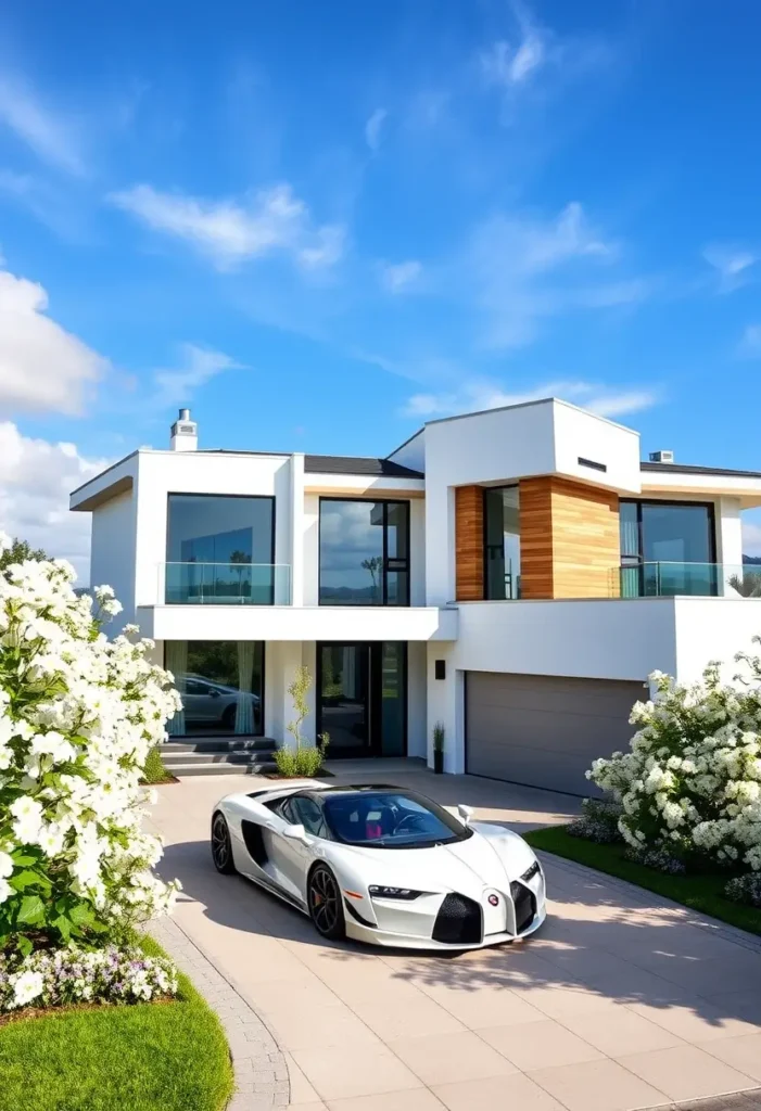 Minimalist modern house with wood accents, glass railings, and a polished driveway surrounded by lush flowers.