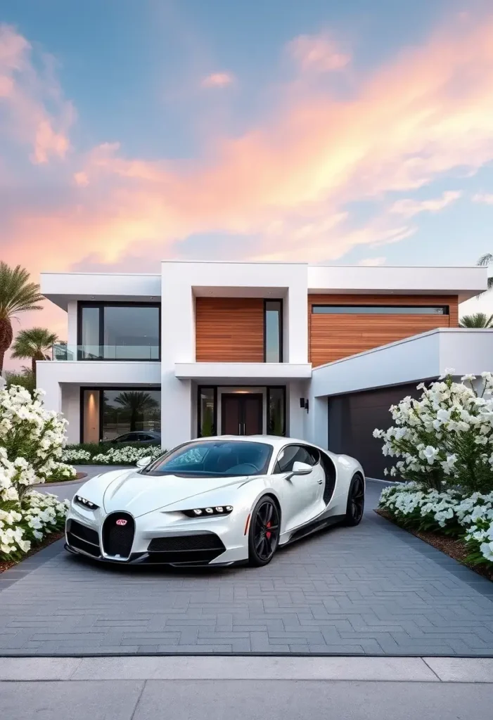 Modern minimalist house with wood accents, glass windows, and a luxury car in front, set against a colorful sunset.