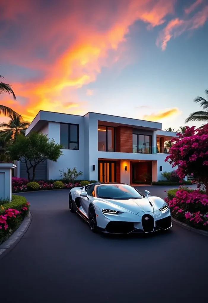 Minimalist modern house with tropical landscaping, white walls, wood accents, and a sunset sky.