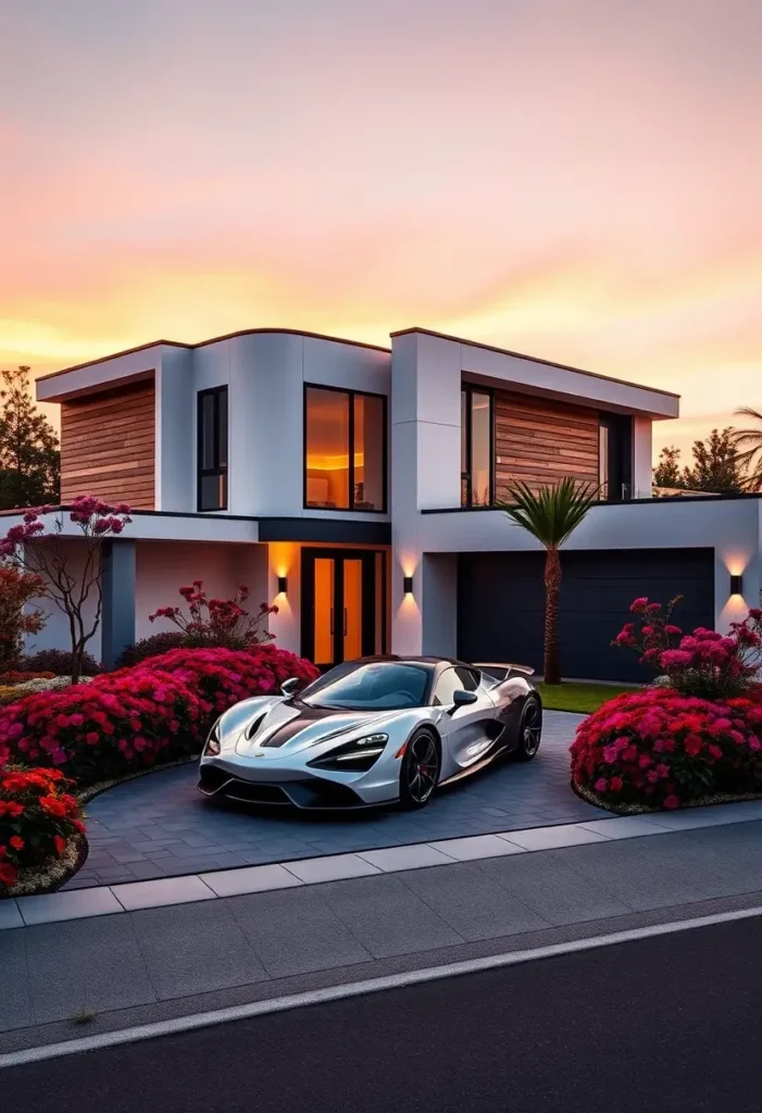 Minimalist modern house with wood accents, vibrant flowers, and a luxury car at sunset.