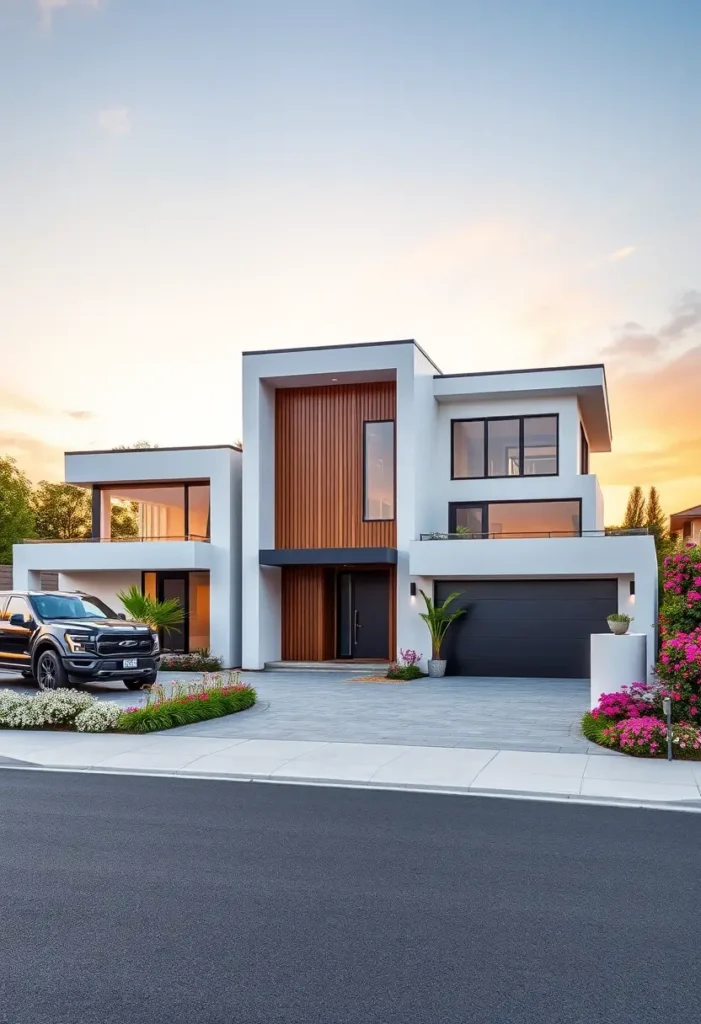 Modern minimalist house with vertical wood accents, large windows, and vibrant landscaping at sunset.