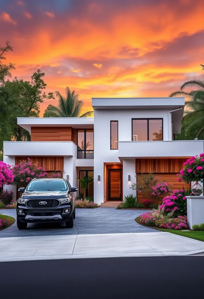 Minimalist modern house with wood accents, tropical landscaping, and vibrant flowers under a colorful sunset.