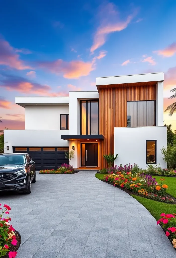 Modern minimalist house with wood paneling, colorful garden landscaping, and a paved driveway under a vivid sunset sky.