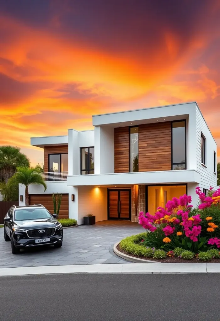 Minimalist modern house with wood accents, tropical landscaping, and vibrant flowers under a dramatic sunset.