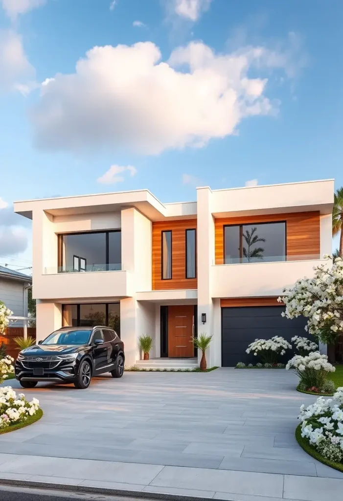 Modern minimalist house with wood accents, large windows, and white floral landscaping under a bright blue sky.