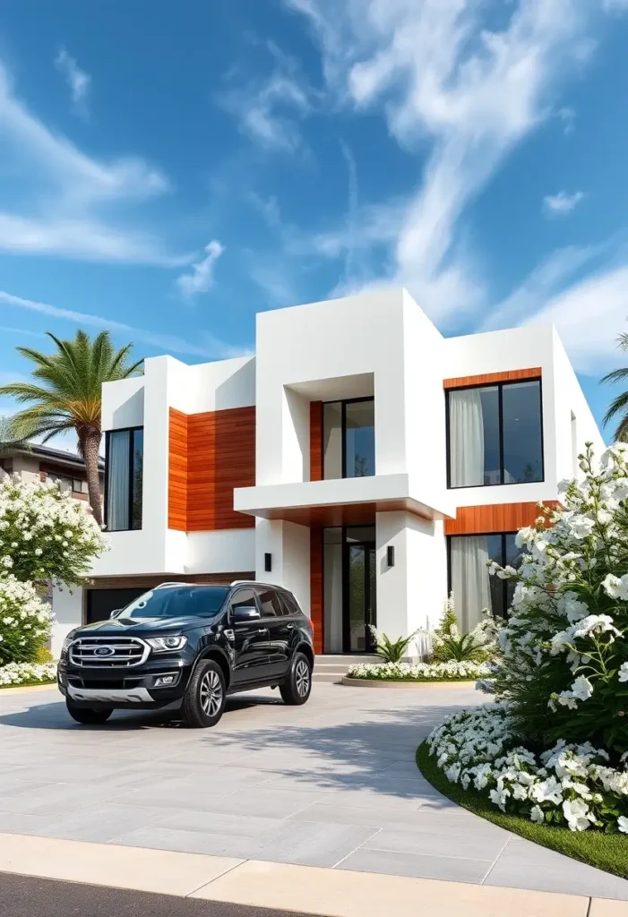 Minimalist modern house with wood paneling, large windows, and tropical landscaping under a clear blue sky.